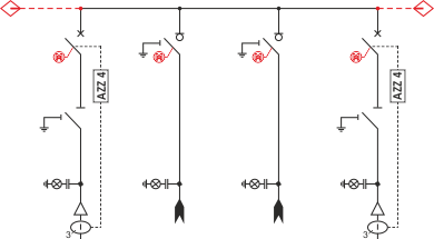 Elektrické schéma rozdzielnicy TPM - 2 pole vypínačů a 2 přívodová pole