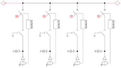 Schemat elektryczny rozdzielnicy TPM - 4 pola wyłącznikowe