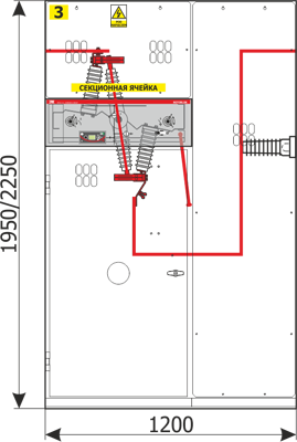 Przekrój - Widok z frontu rozdzielnicy Rotoblok - pole sprzęgłowe z odłącznikiem lub rozłącznikiem z lewej strony