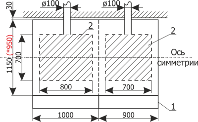 Rzut z góry - wersja przy wydzieleniu odpływów i wprowadzeniu kabli z tyłu rozdzielnicy Rotoblok