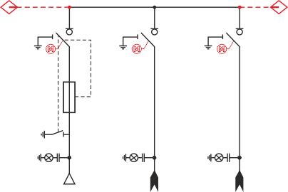 Schemat elektryczny rozdzielnicy TPM -  pole transformatorowe i 2 pola liniowe