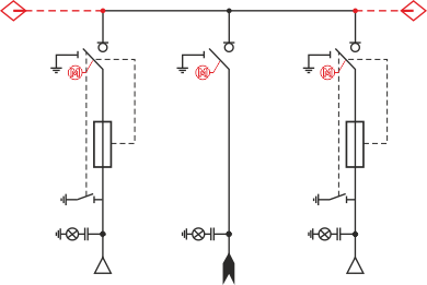 Schemat elektryczny rozdzielnicy TPM - 2 pola transformatorowe i pole liniowe