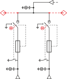 Schemat elektryczny rozdzielnicy TPM -  2 pola transformatorowe + zasilanie kablowe górne