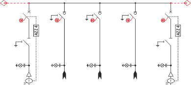 Schemat elektryczny rozdzielnicy TPM - 2 pola wyłącznikowe i 3 pola liniowe