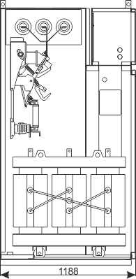 Průřez skříní rozdzielnicy RXD - Pole pro vlastní potřeby – z Transformátorem do 40 kVA; 6/0,4 kV