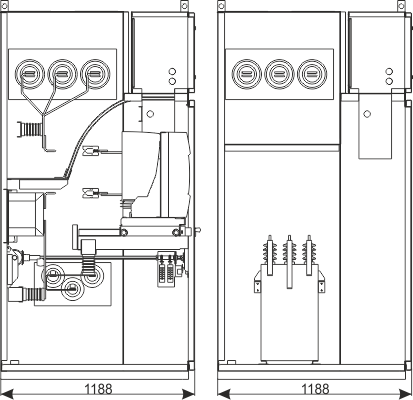 Průřez skříní rozdzielnicy RXD - Zestaw do kompensacji mocy biernej – z baterią kondensatorów do 700 kvar; 6,6 kV
