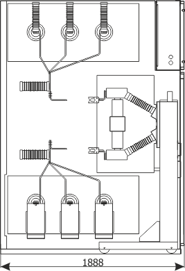 Průřez skříní rozdzielnicy RXD 36 - Pole spojky – skříň s vypínačem