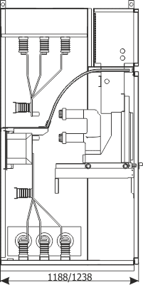 Průřez skříní rozdzielnicy RXD - Pole spojky 12/17,5 kV - skříň s vypínačem