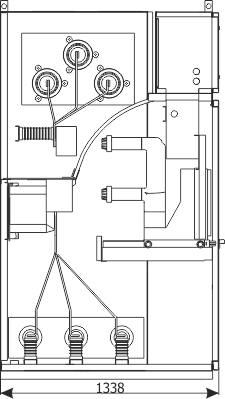 Průřez skříní rozdzielnicy RXD - Pole spojky 24 kV – skříň s vypínačem