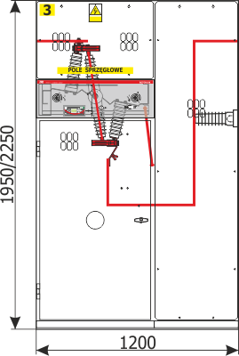 Průřez čelní pohled rozdzielnicy Rotoblok - pole spojky s odpojovačem nebo odpínačem zleva