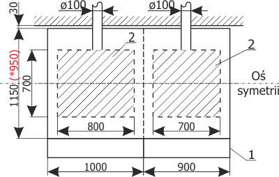 Rzut z góry - wersja przy wydzieleniu odpływów i wprowadzeniu kabli z tyłu rozdzielnicy Rotoblok