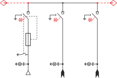 Elektrické schéma rozdzielnicy TPM - pole transformátorové i 2 přívodová pole