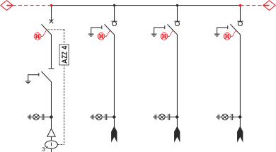 Elektrické schéma rozdzielnicy TPM - pole Vypínačů a 3 přívodová pole