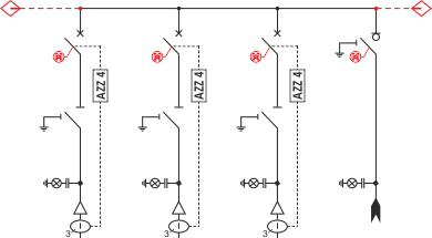 Elektrické schéma rozdzielnicy TPM - 3 pole vypínačů a přívodové pole