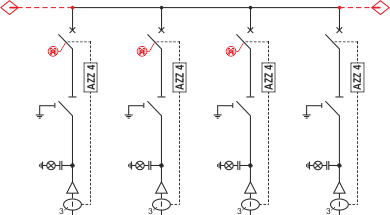 Elektrické schéma rozdzielnicy TPM - 4 pole vypínačů