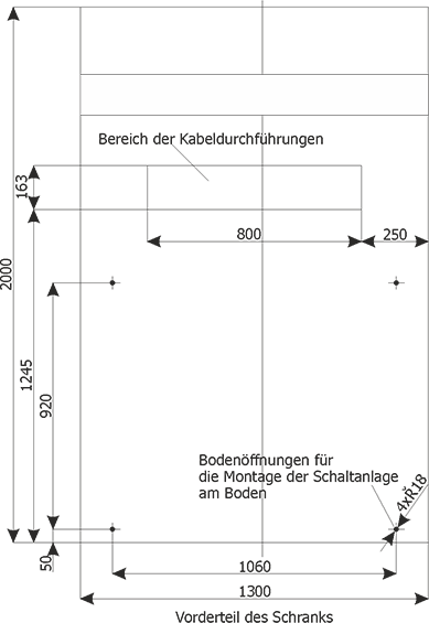 Przykładowe wymiary powierzchni podstaw szaf i otworowania posadzki dla pól RELF 36