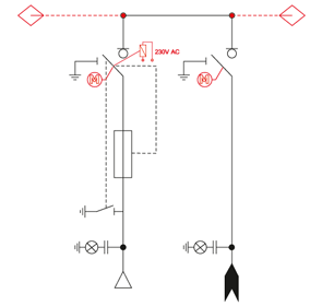 Schemat elektryczny rozdzielnicy TPM - pole transformatorowe i pole liniowe