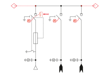 Schemat elektryczny rozdzielnicy TPM - pole transformatorowe i 2 pola liniowe