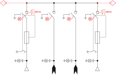 Schemat elektryczny rozdzielnicy TPM - 2 pola transformatorowe i 2 pola liniowe