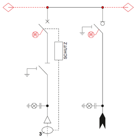 Schemat elektryczny rozdzielnicy TPM - pole wyłącznikowe i pole liniowe