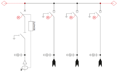 Schemat elektryczny rozdzielnicy TPM - pole wyłącznikowe i 3 pola liniowe