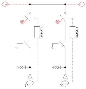 Schemat elektryczny rozdzielnicy TPM - 2 pola wyłącznikowe