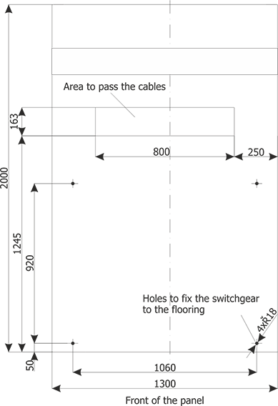 Example dimensions of the cabinet bases and floor holes for RELF 36 kV bays
