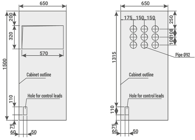 RELF - Floor hole layout for cabinets with a width of 650 mm