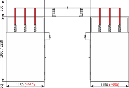 Rotoblok - Side view of a switchgear with a busbar bridge combining two sections placed on opposite sides of a corridor - example solution