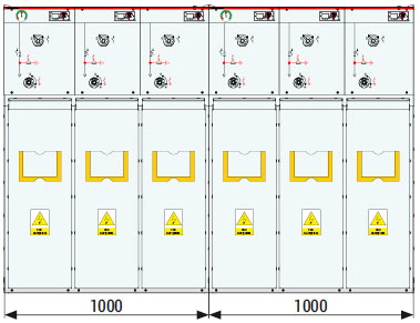 Front view of the TPM Air switchgear - Side connection of LLL+ switchgears (p)+LLL+ (l)