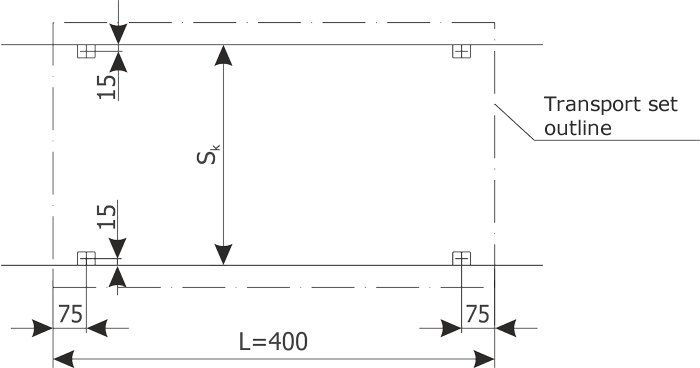 Fig. Required width of the duct under the switchgear and position of the switchgear mounting holes on the duct frame compared
to the transport sets.