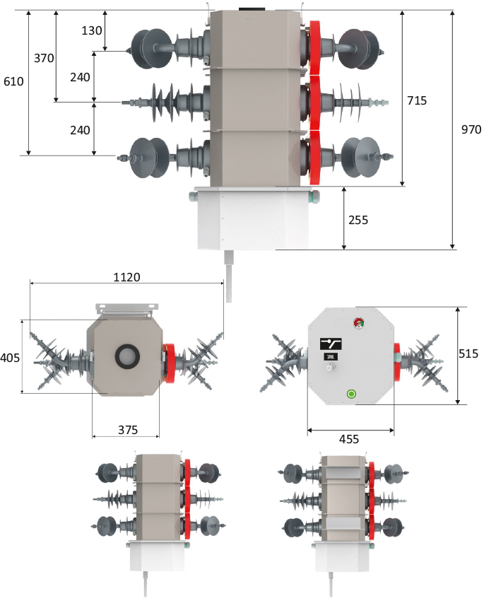 Appearance and dimensions of an overhead disconnector with a closed dry air insulation structure