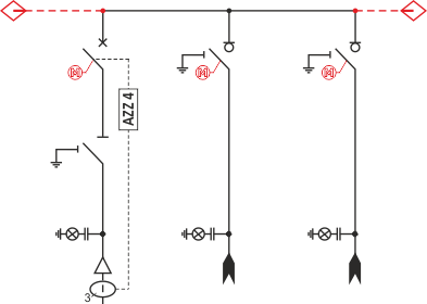 Schemat elektryczny rozdzielnicy TPM - pole wyłącznikowe i 2 pola liniowe